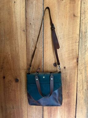 Green Canvas & Brown Leather Crossbody Purse